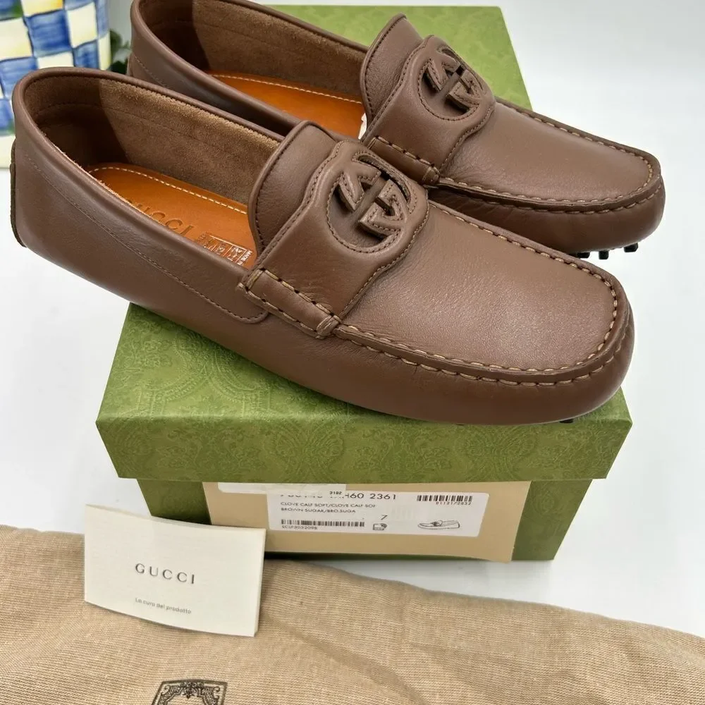 Men’s  Gucci interlocking G leather driver loafers size 7 fits 8 US